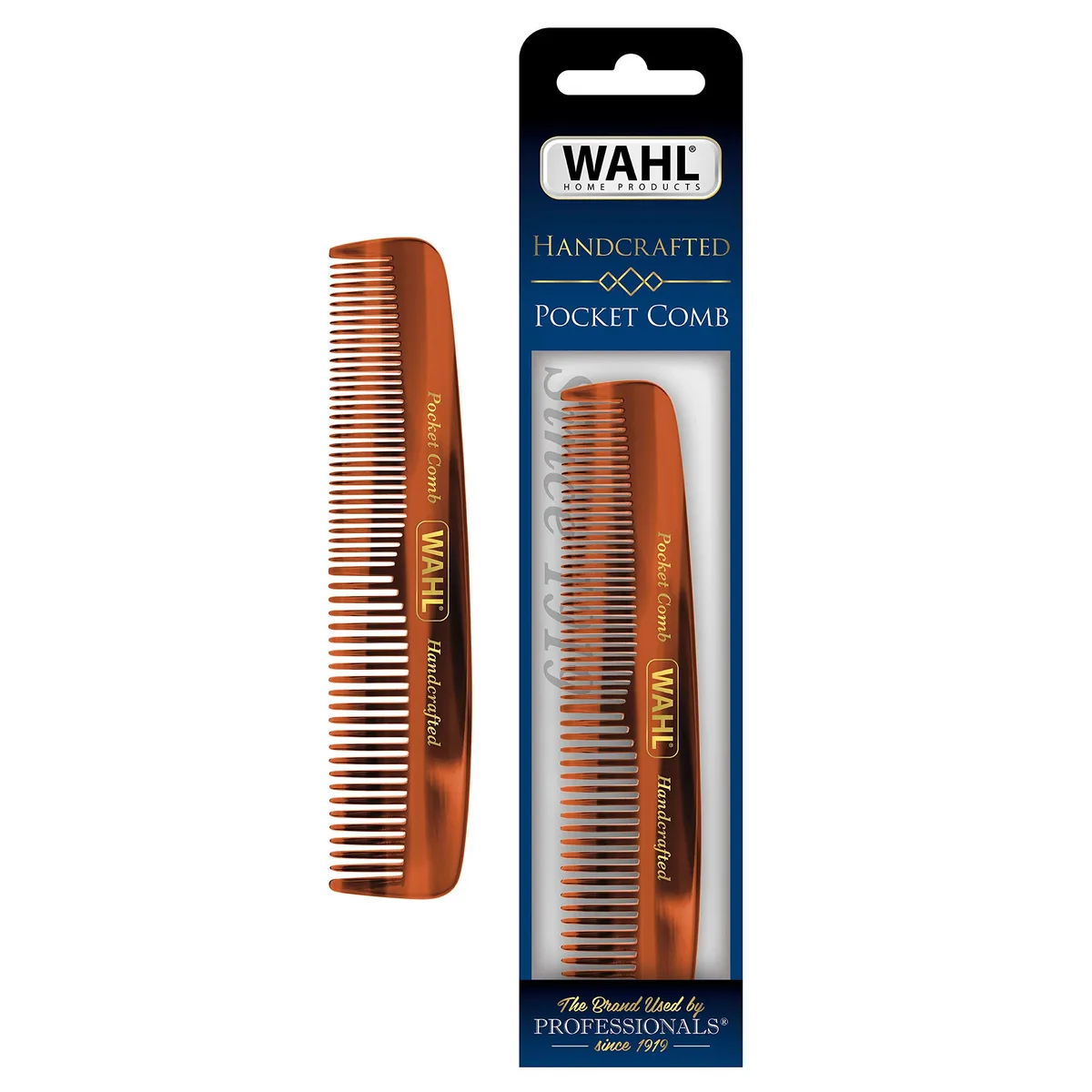 Brown cellulose acetate pocket comb, hand-cut tapered teeth, rounded tips, 7.87 in long