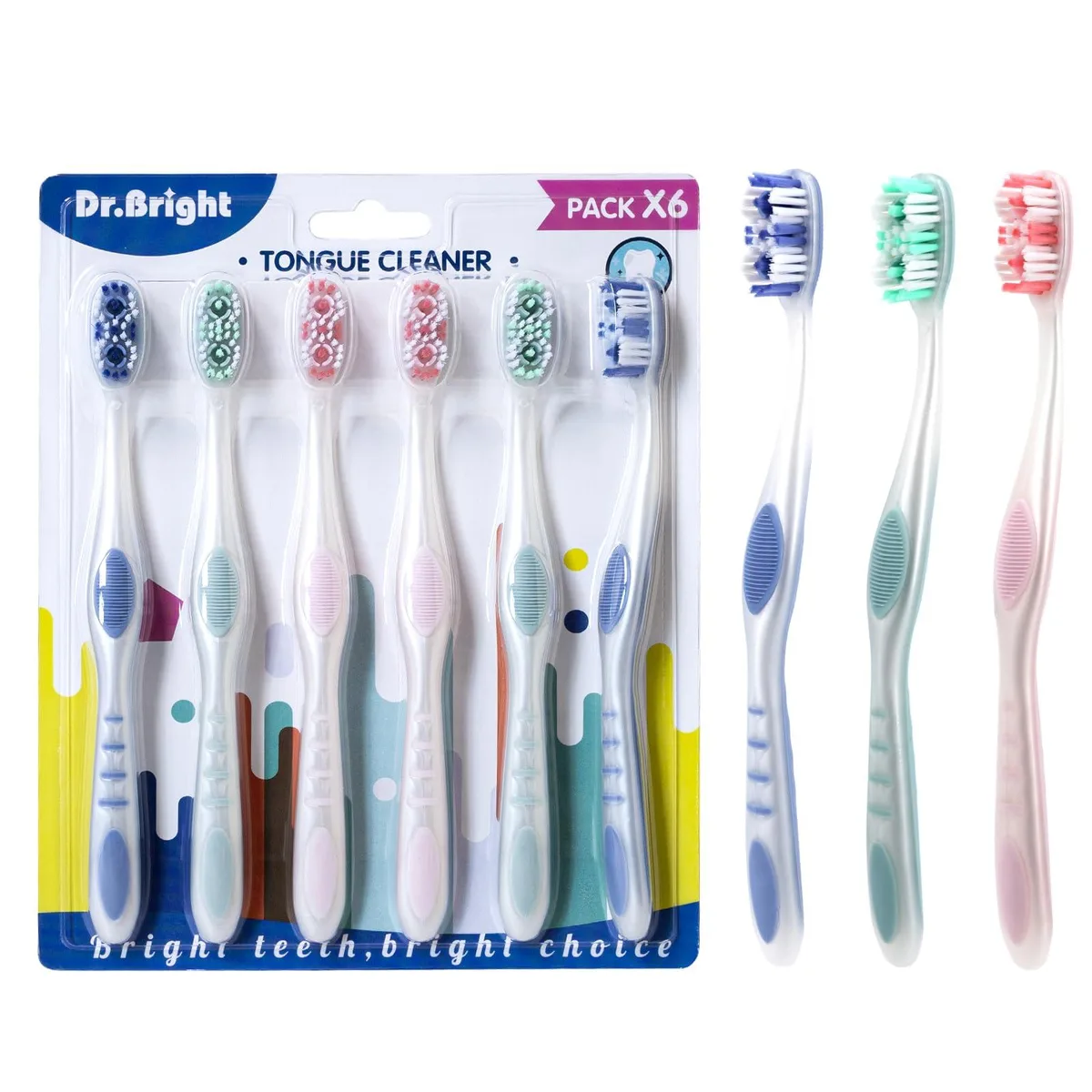 Six white manual toothbrushes with built-in tongue scrapers and ergonomic handles