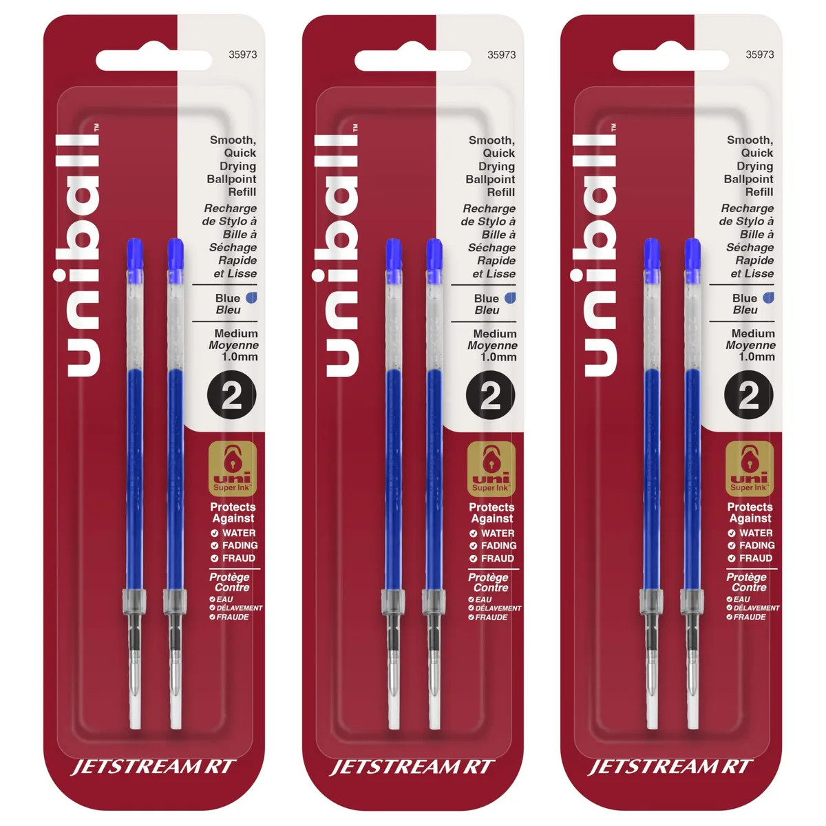 Six blue ballpoint pen refills in rectangular packaging