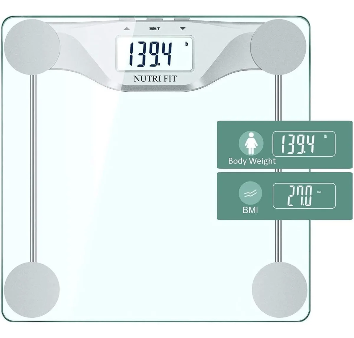 White transparent glass bathroom scale with large backlit LCD display