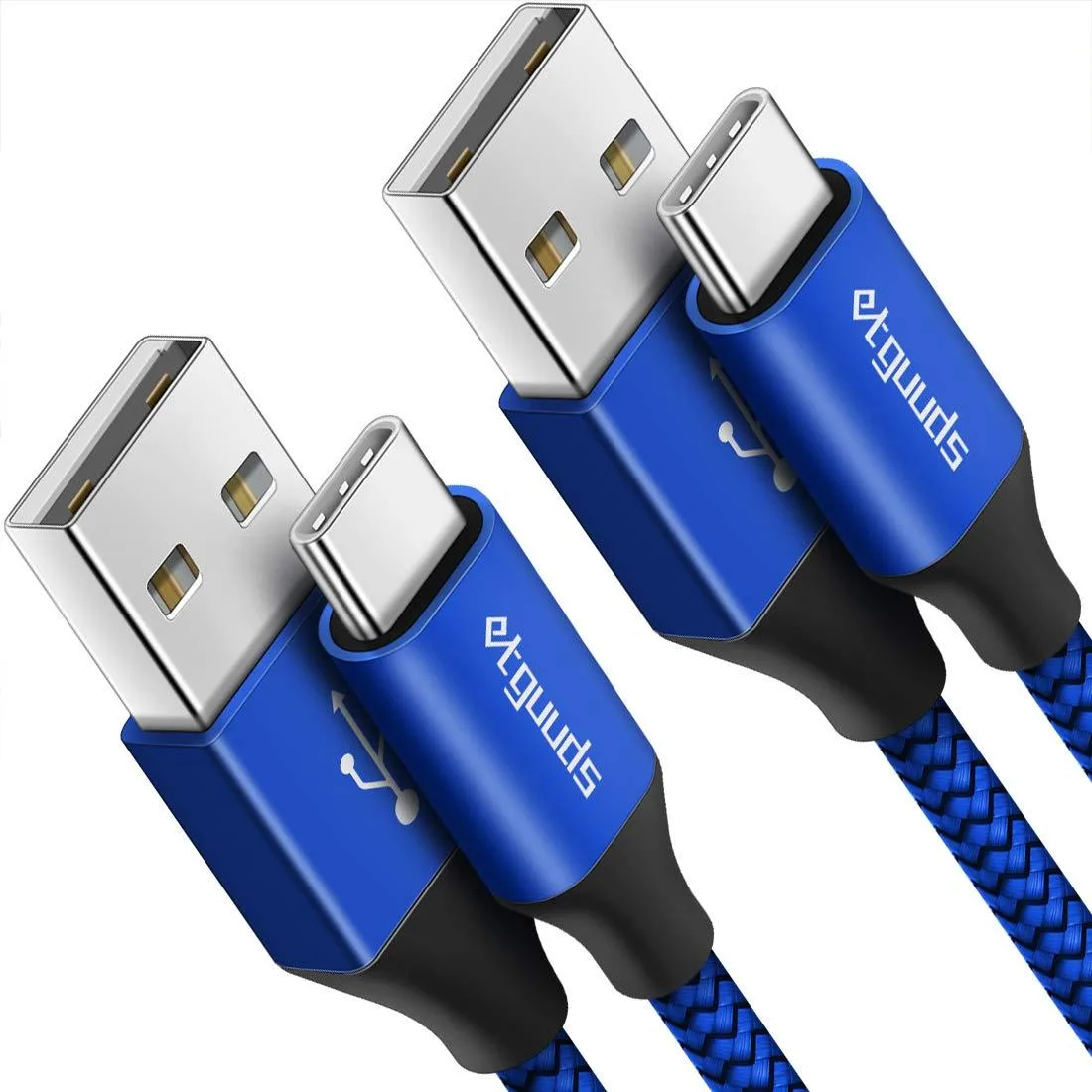Two blue nylon-braided USB-A to USB-C cables, 15 ft each