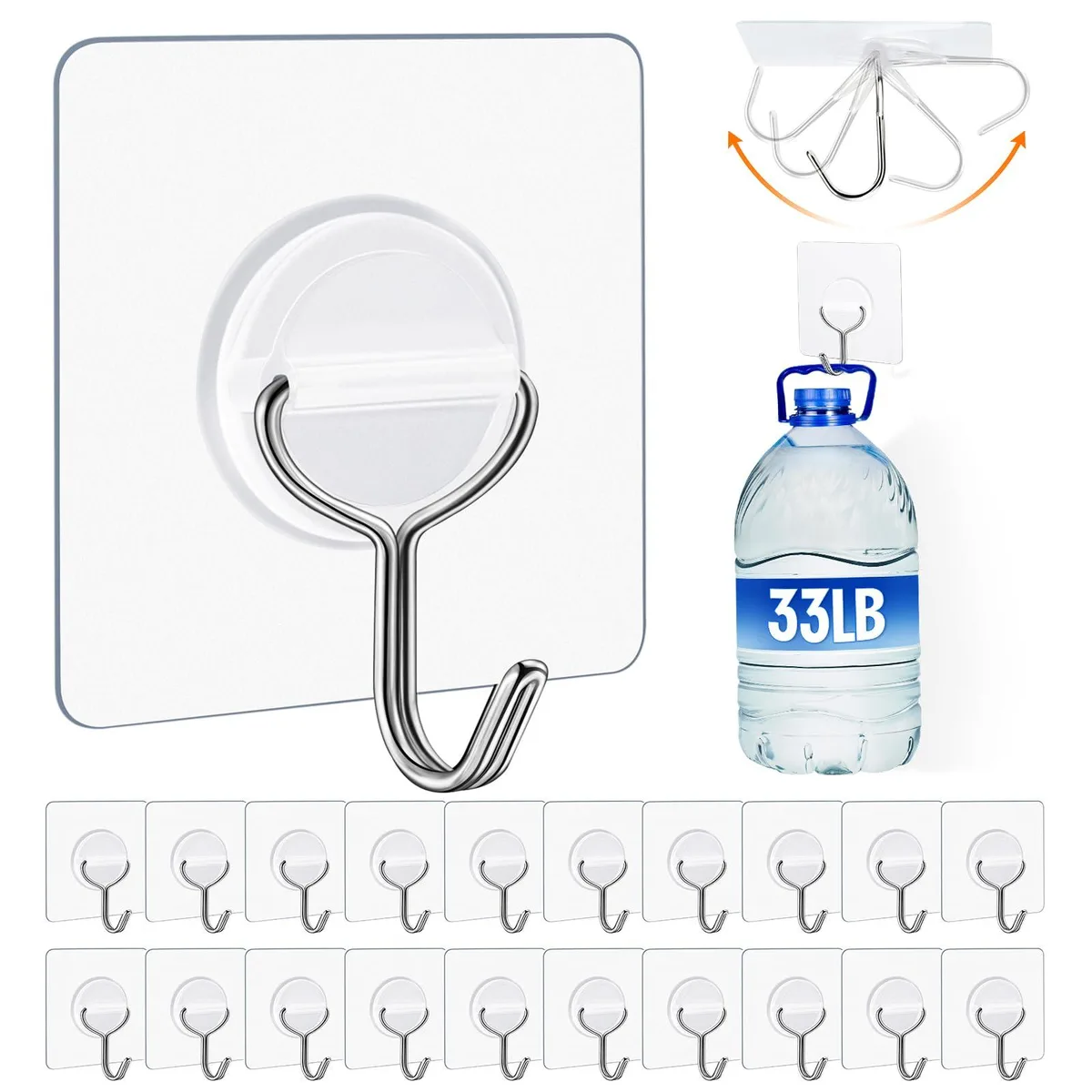 Pack of 24 clear plastic hooks with stainless steel cores and thick adhesive backing