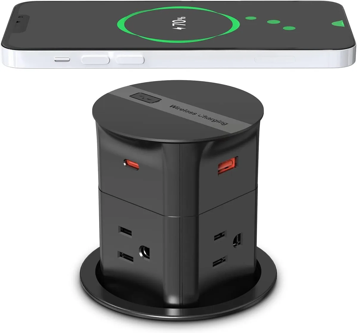 BFKK BFKK Automatic Pop-Up Countertop Outlet 15W Wireless Charger 4 AC 2 USB-A 2 USB-C 20W PD 3.15in Black — product photo