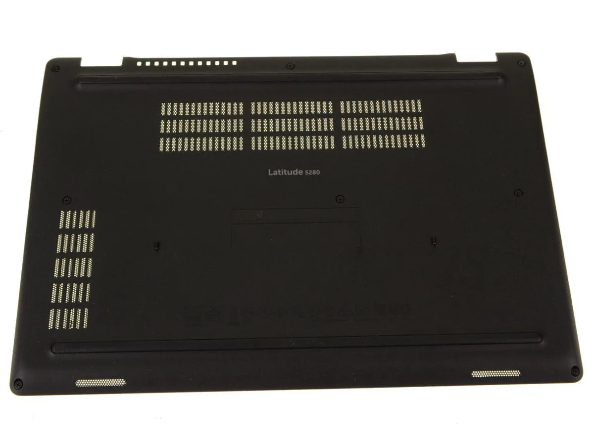 Dell Latitude 5280 bottom base assembly, dark grey plastic chassis with screw holes and port cutouts