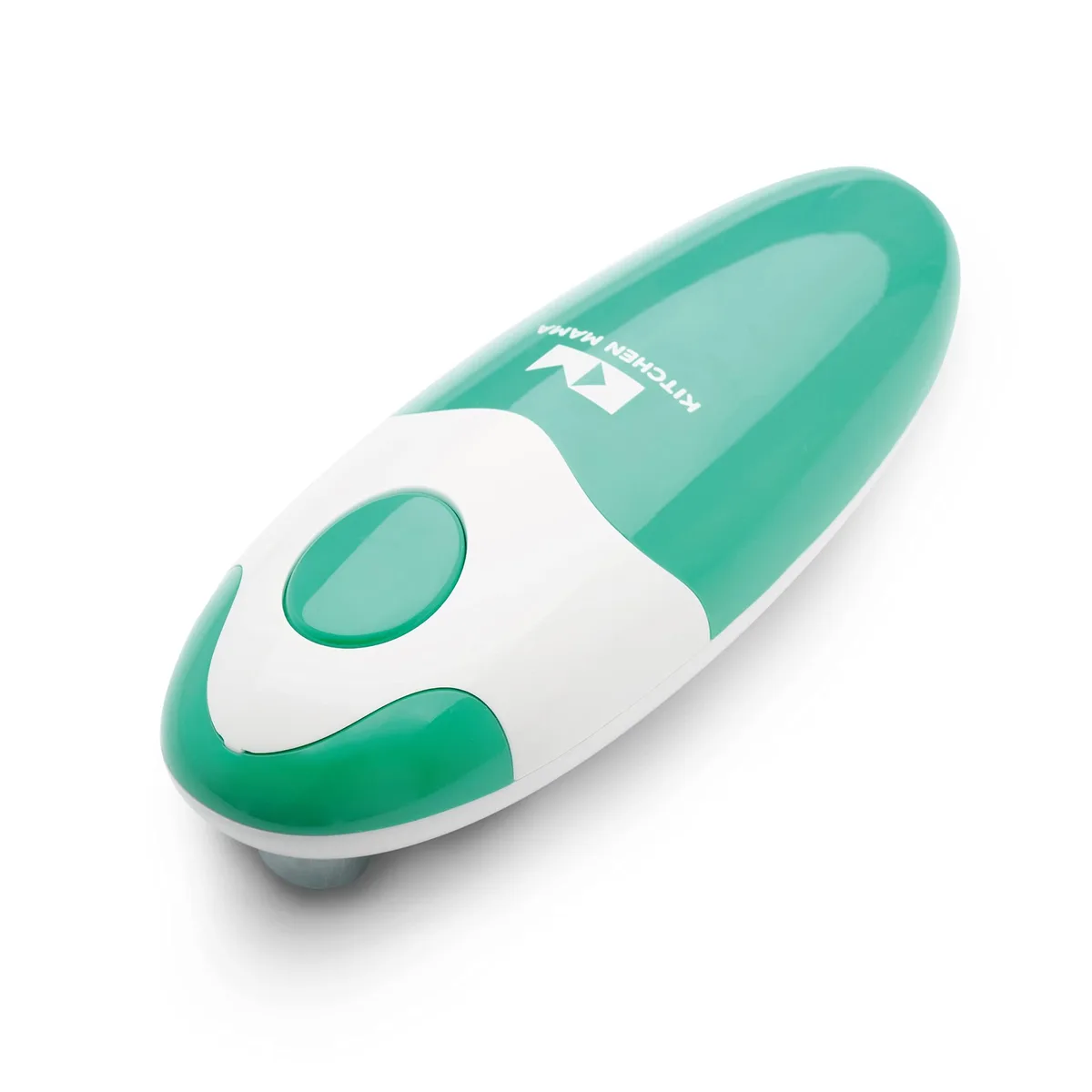 Teal automatic can opener, compact cylindrical shape, matte finish