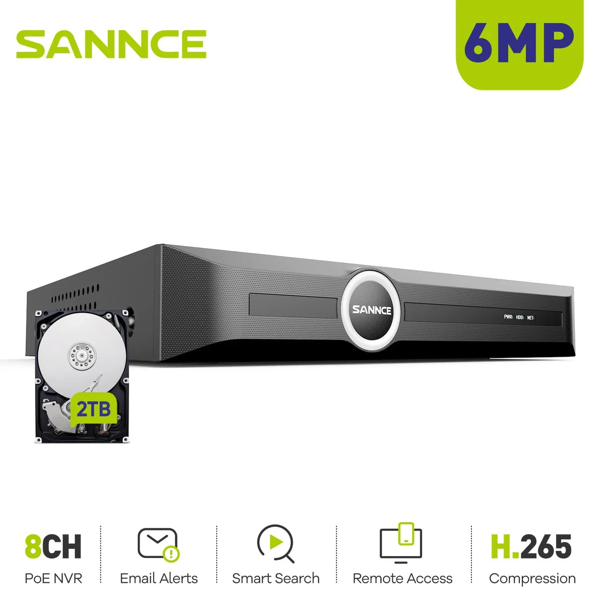 SANNCE SANNCE PoE H.265+ NVR 6MP 8 Channel 2TB HDD video recorder — product photo