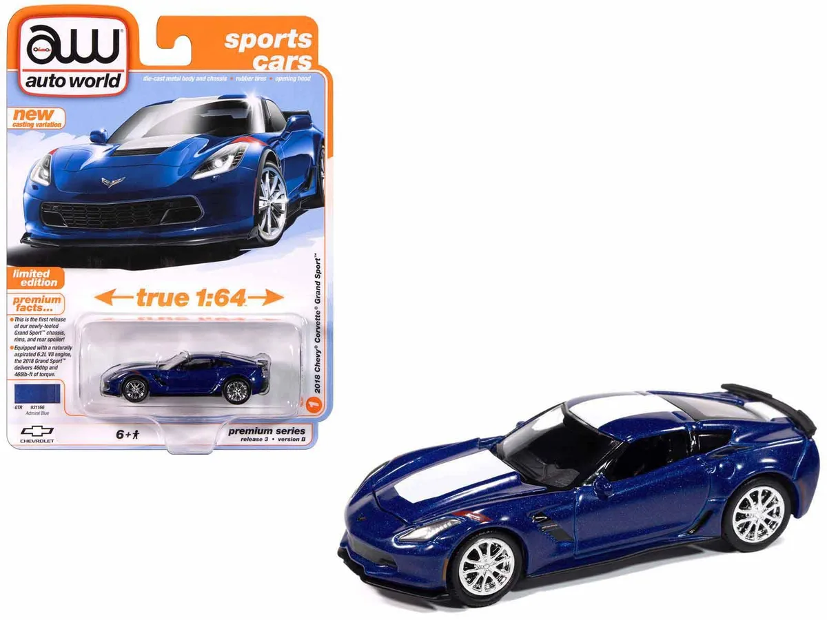 auto world Auto World 2018 Chevrolet Corvette Grand Sport Admiral Blue White Stripe 1/64 Diecast Hobby Collectible — product photo