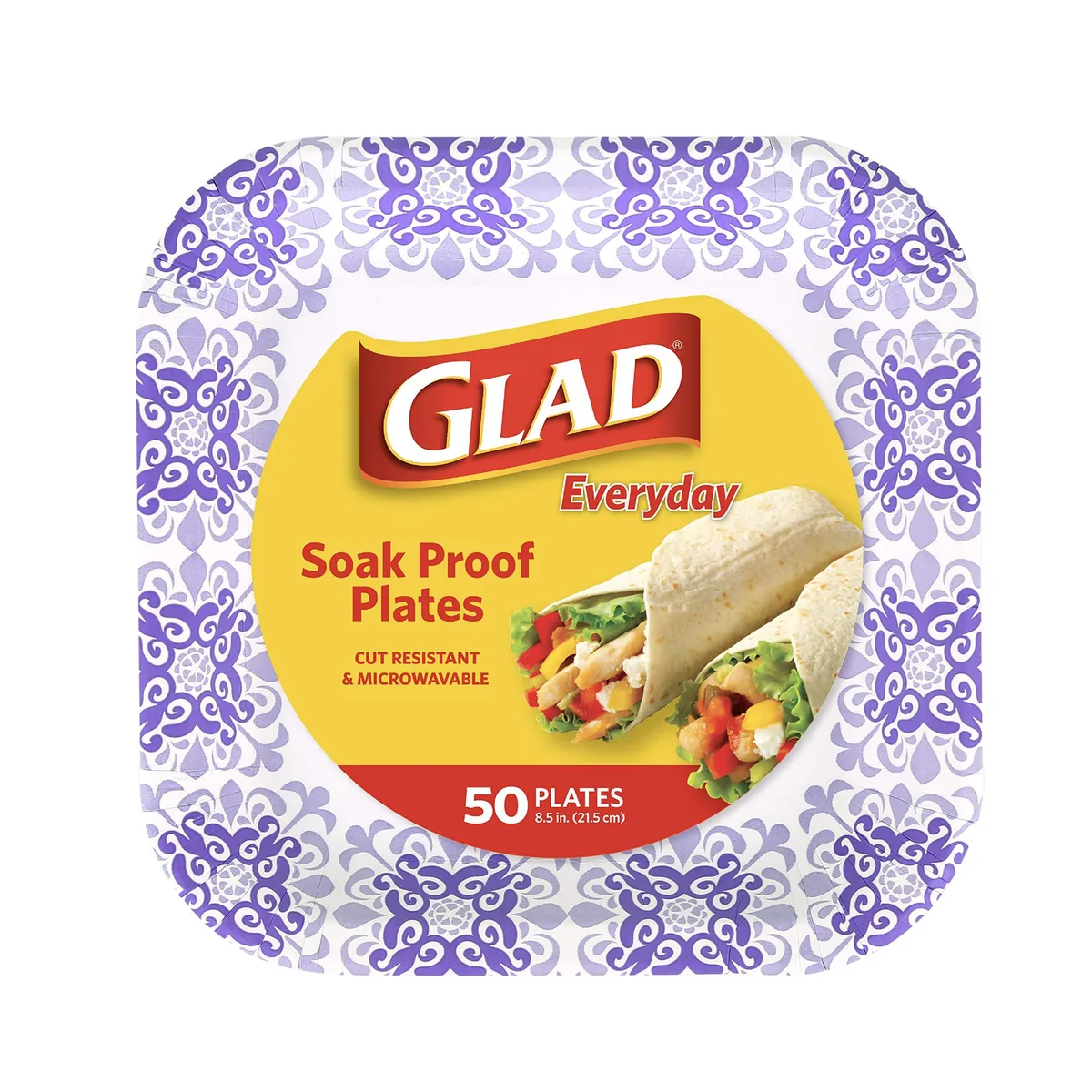 Square purple paper plates in a glossy finish, 50 count pack