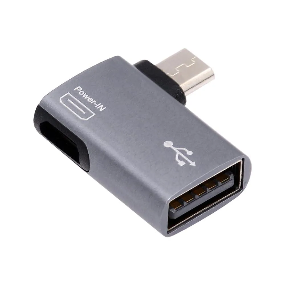 Small silver aluminium adapter with a 90° left-angled micro USB plug and a rectangular USB-A socket plus an extra micro USB power port