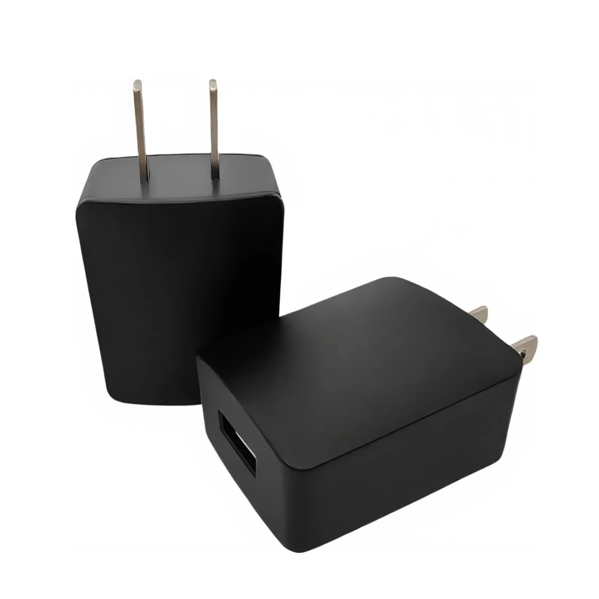 Black compact USB wall charger with matte curved finish, two-pack