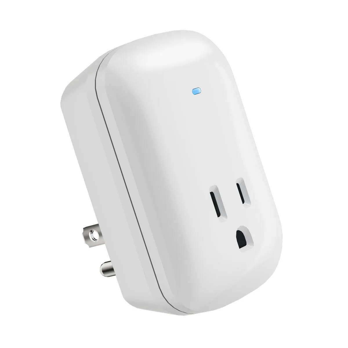 White single-outlet surge protector wall tap with LED indicator, compact 2.2x3.1x1.2 inch direct-plug design