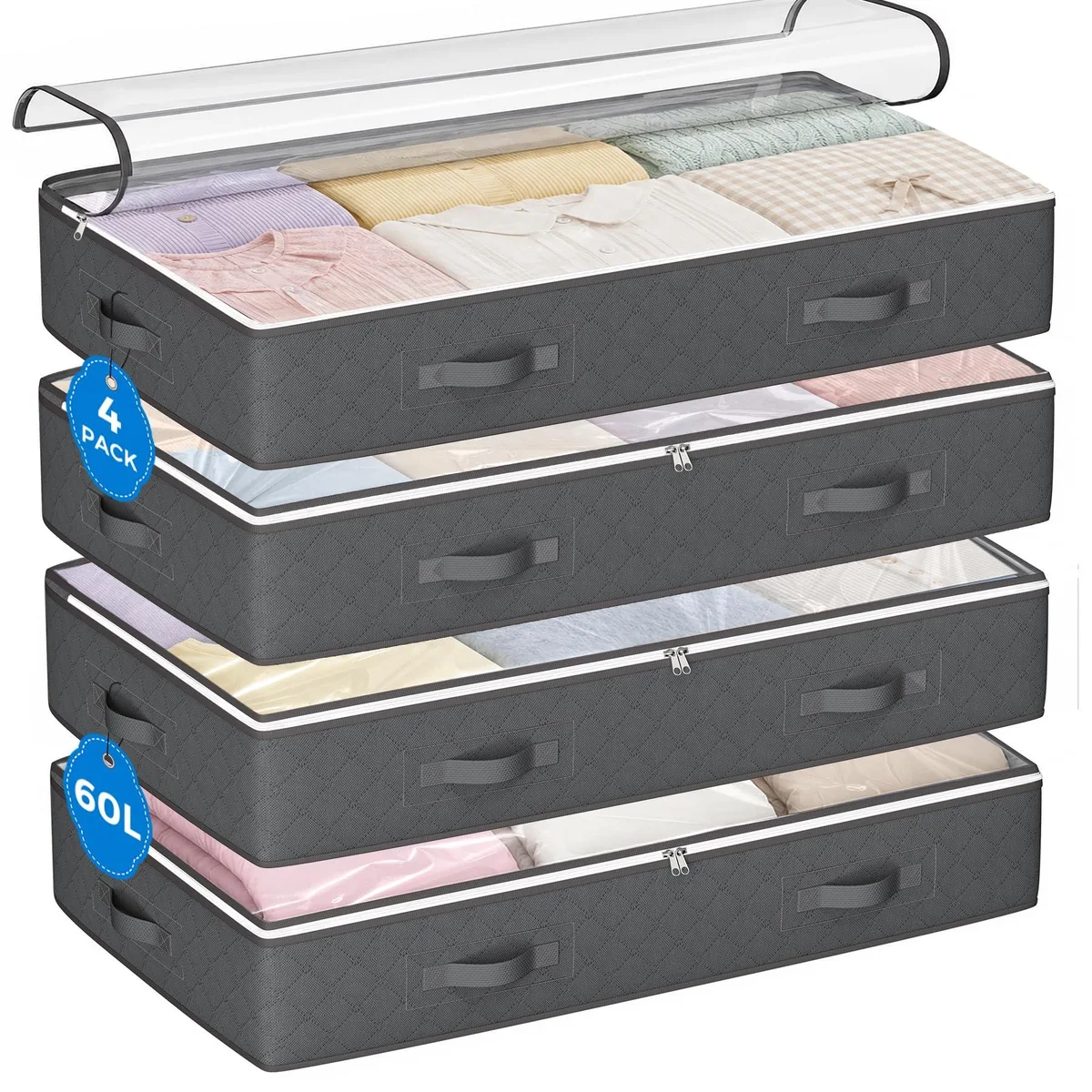 Four grey fabric storage bins with clear lids and handles