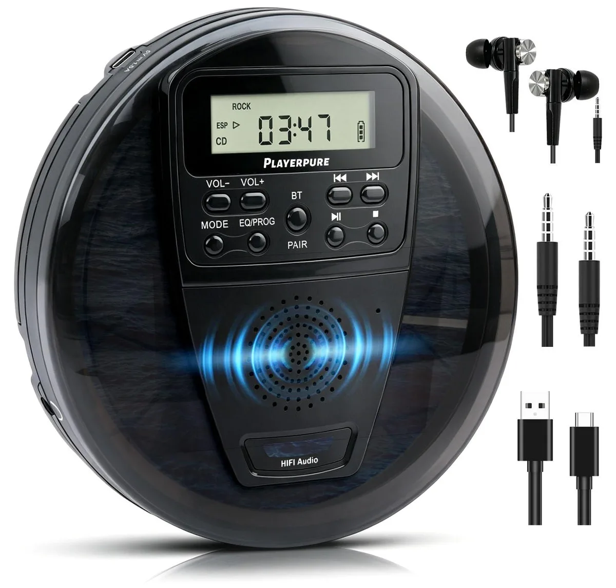  Portable CD Player Bluetooth 5.1 Black 10H 60s Anti-Skip — product photo
