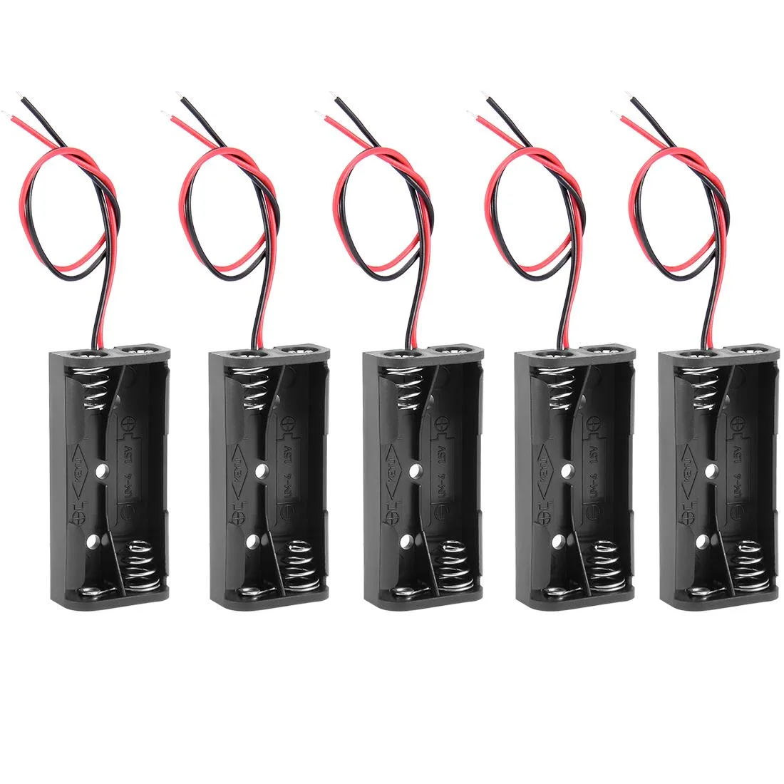 Black plastic holder for two AAA batteries with 5.9 inch wire leads pack of five