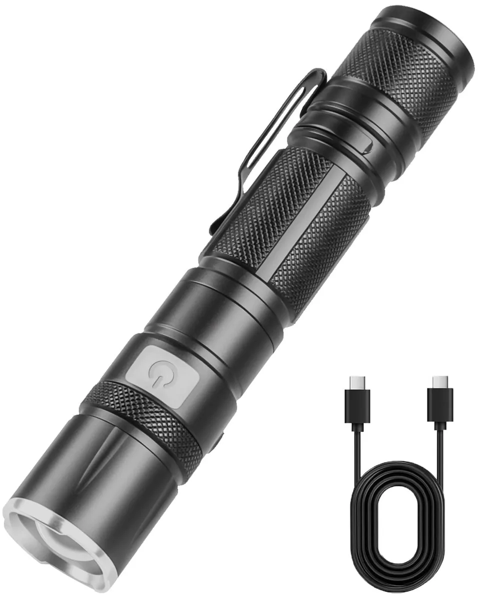 Small cylindrical aluminium flashlight with textured grip and USB-C port
