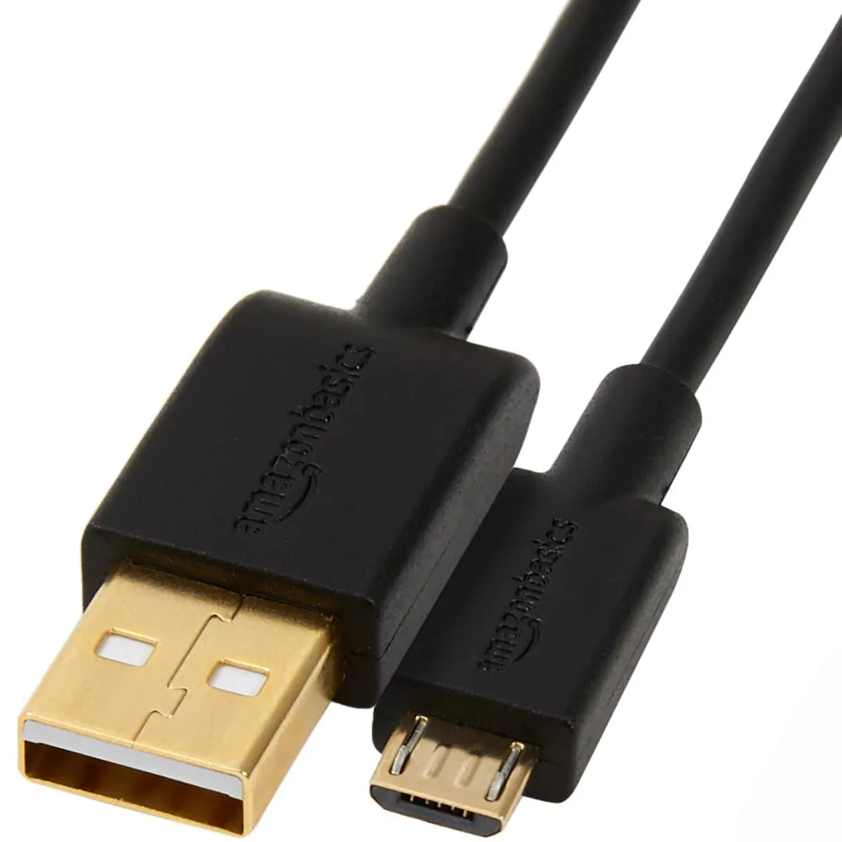 Black six-foot USB 2.0 cable with gold-plated A and Micro-B plugs