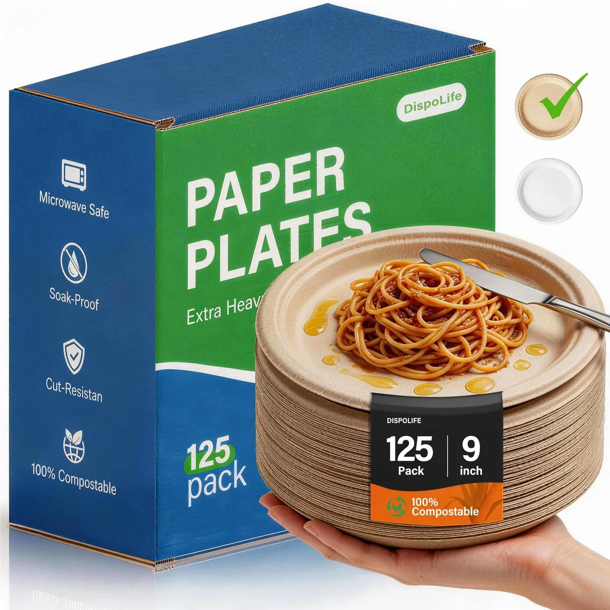 Stack of 125 natural brown compostable rectangular plates