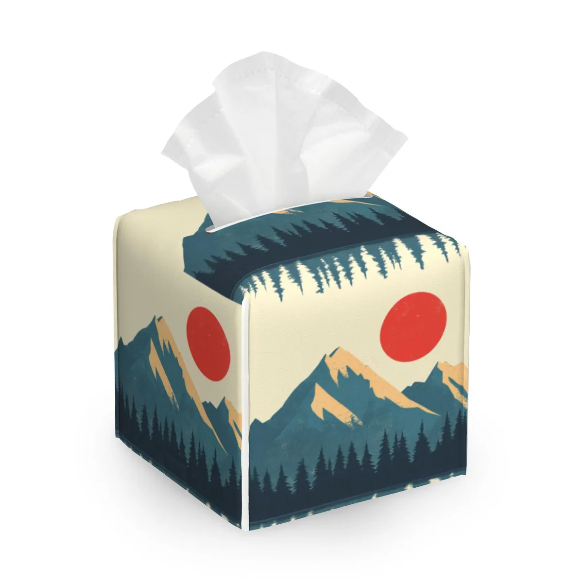 Square PU leather tissue box cover with Boho Mountains Sun design, 5.2 inches