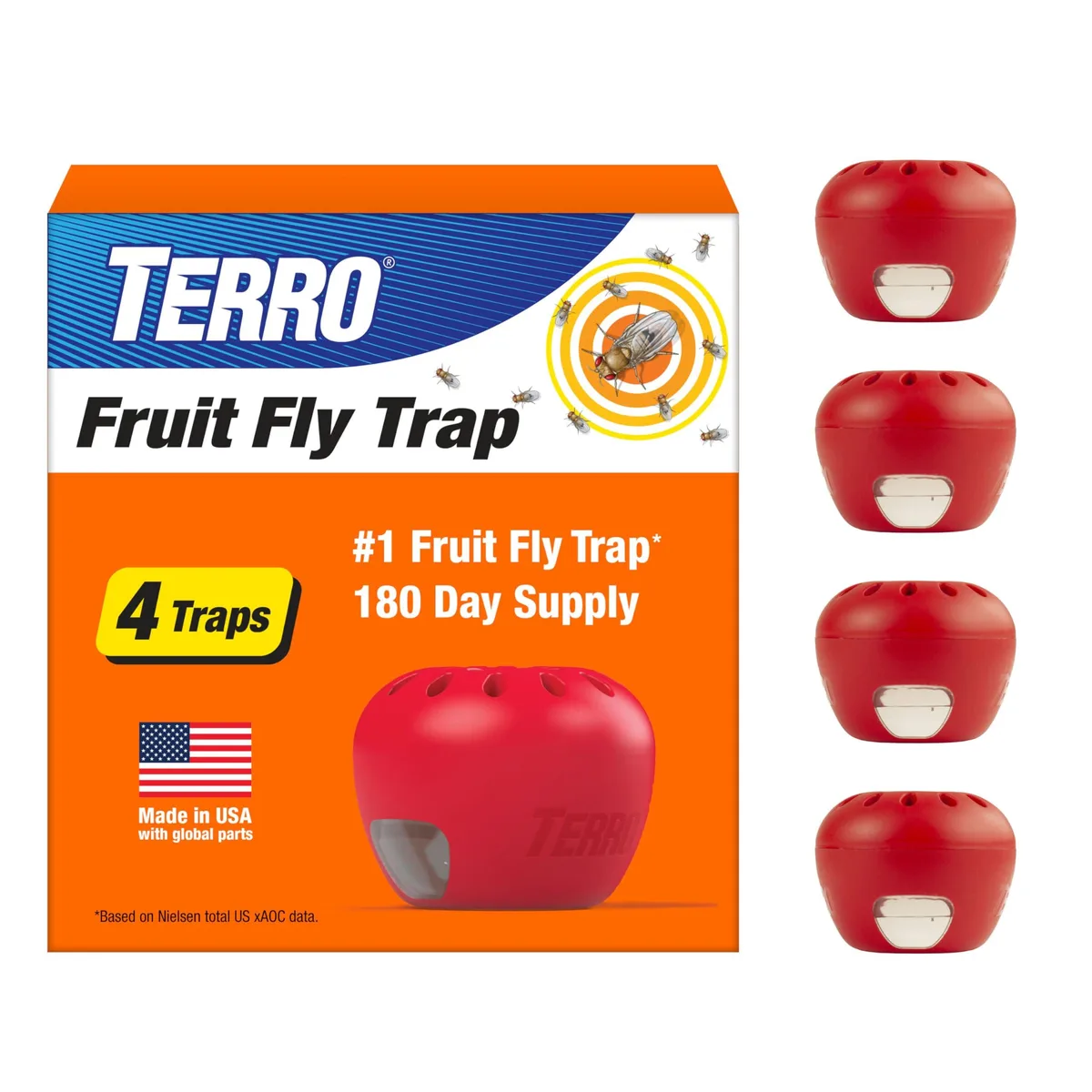 Four apple-shaped fruit fly traps with built-in monitoring windows