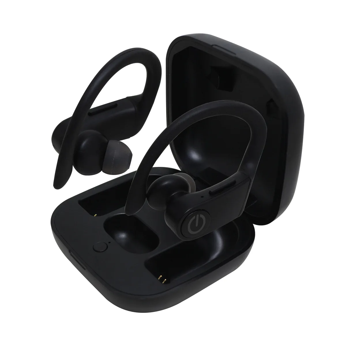 Black wireless sports earbuds with ear hooks and built-in mic