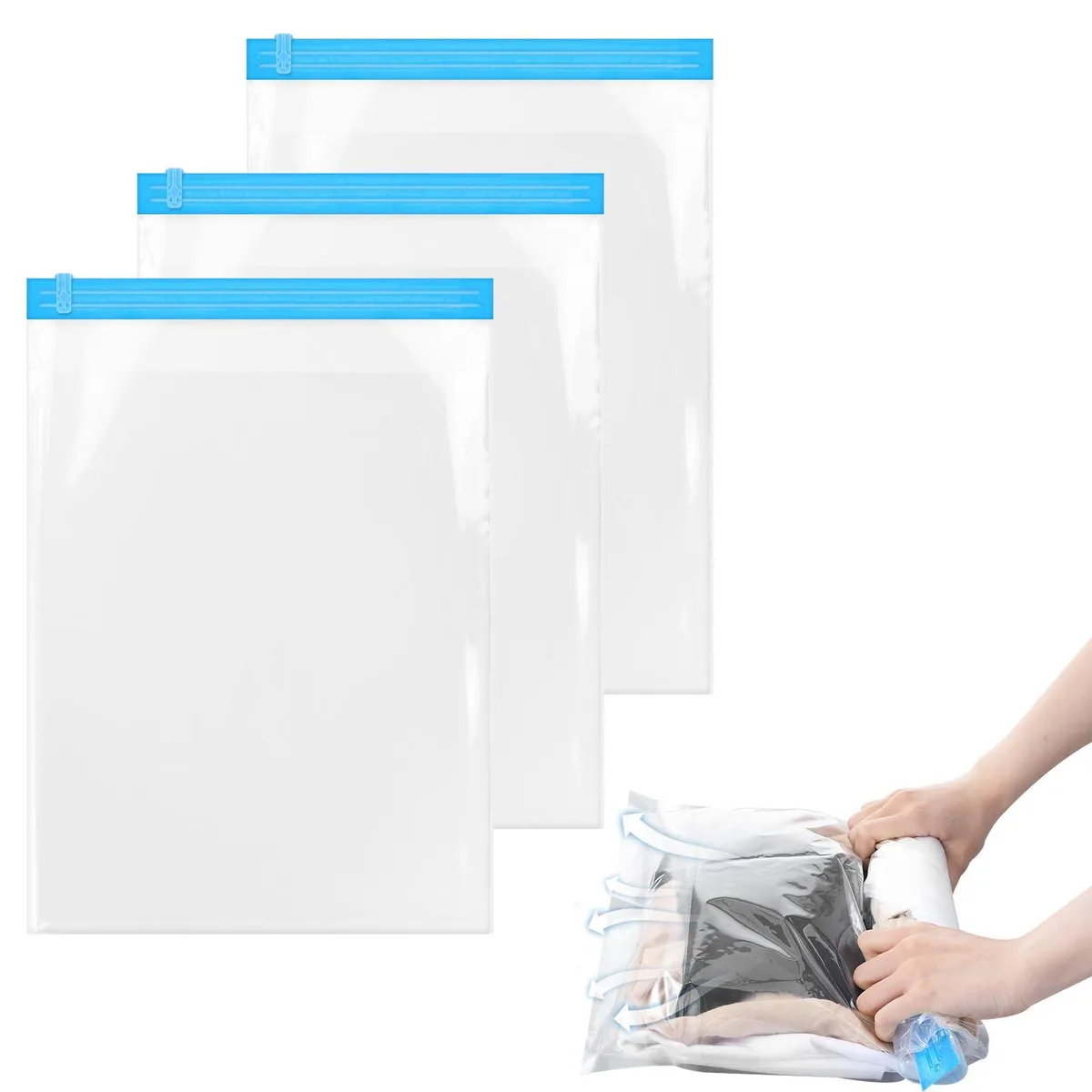 Three blue roll-up compression bags with one-way air valves, 47 by 35 cm