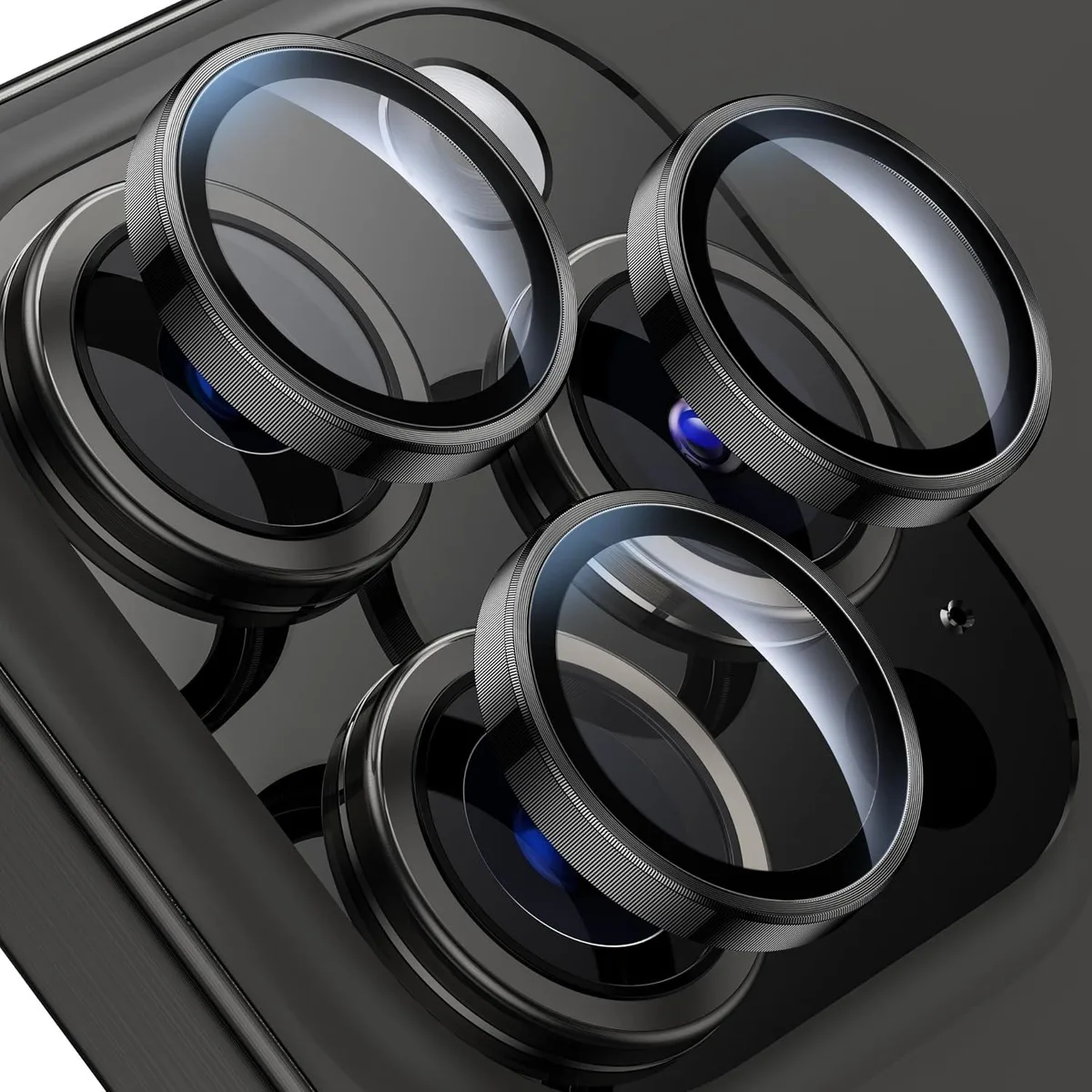 Black titanium camera lens protector with tempered glass and metal ring for iPhone 15 Pro Max