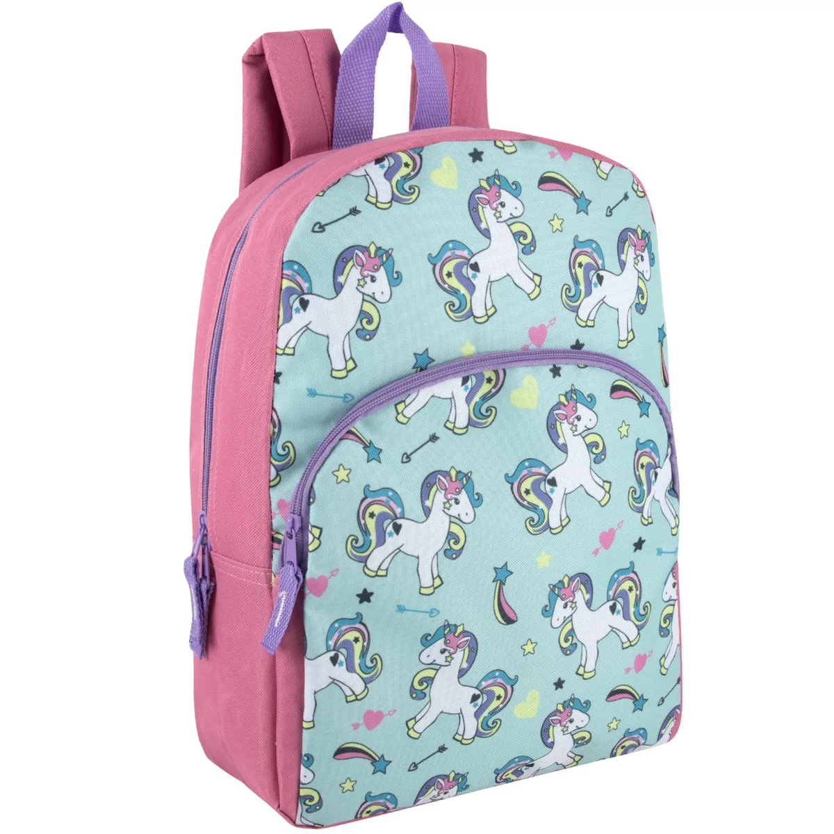 15-inch polyester backpack with rainbow unicorn print, padded straps and front zip pocket