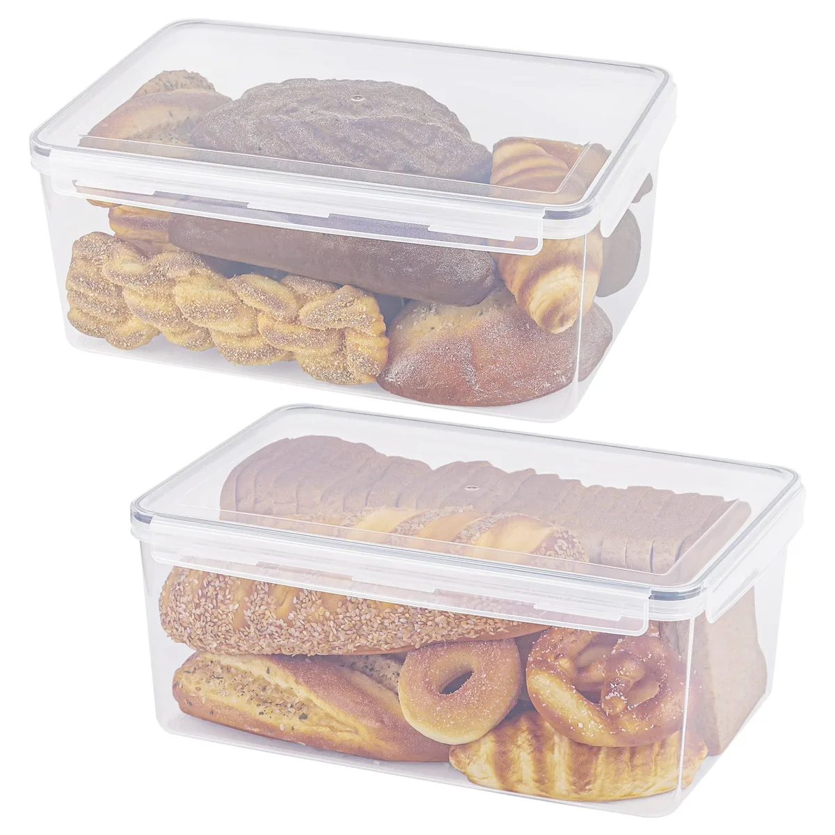 Two rectangular plastic bread boxes with side-locking lids, light grey finish