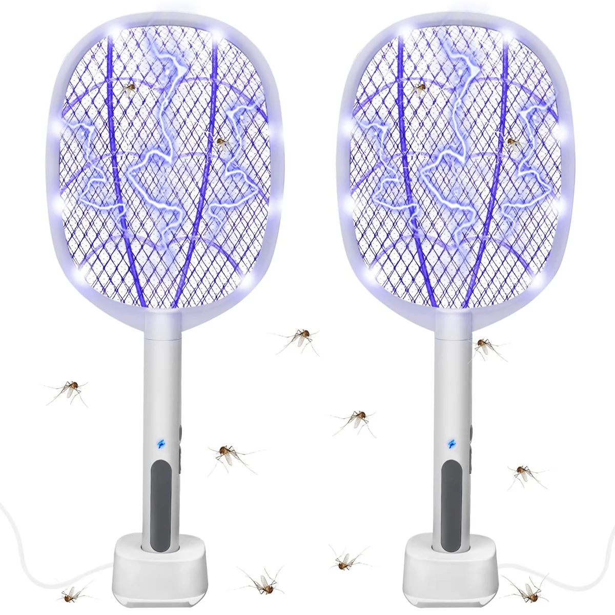Two electric fly swatter rackets with blue UV lights and mesh grids