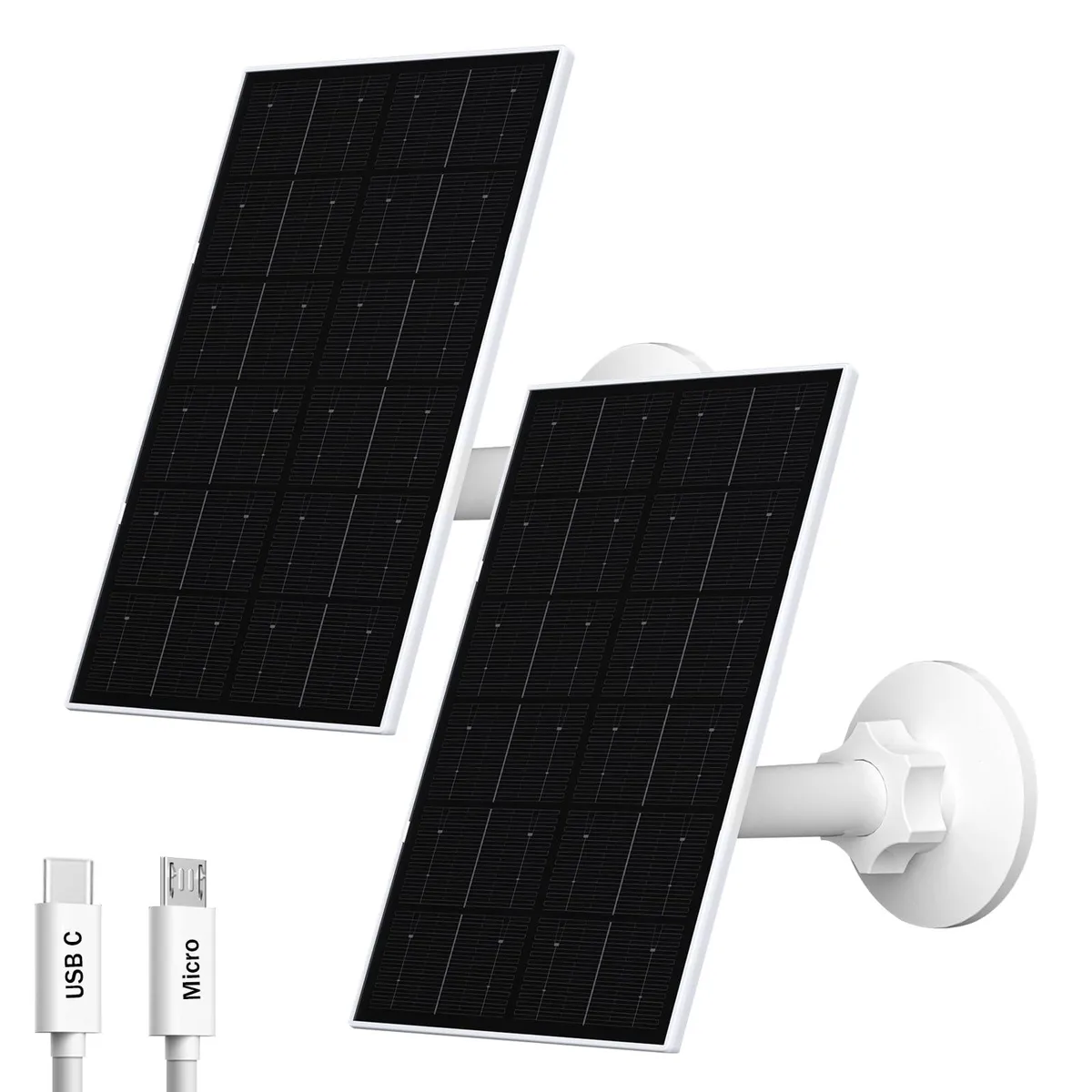 Two white rectangular solar panels with adjustable mounting brackets and long cables