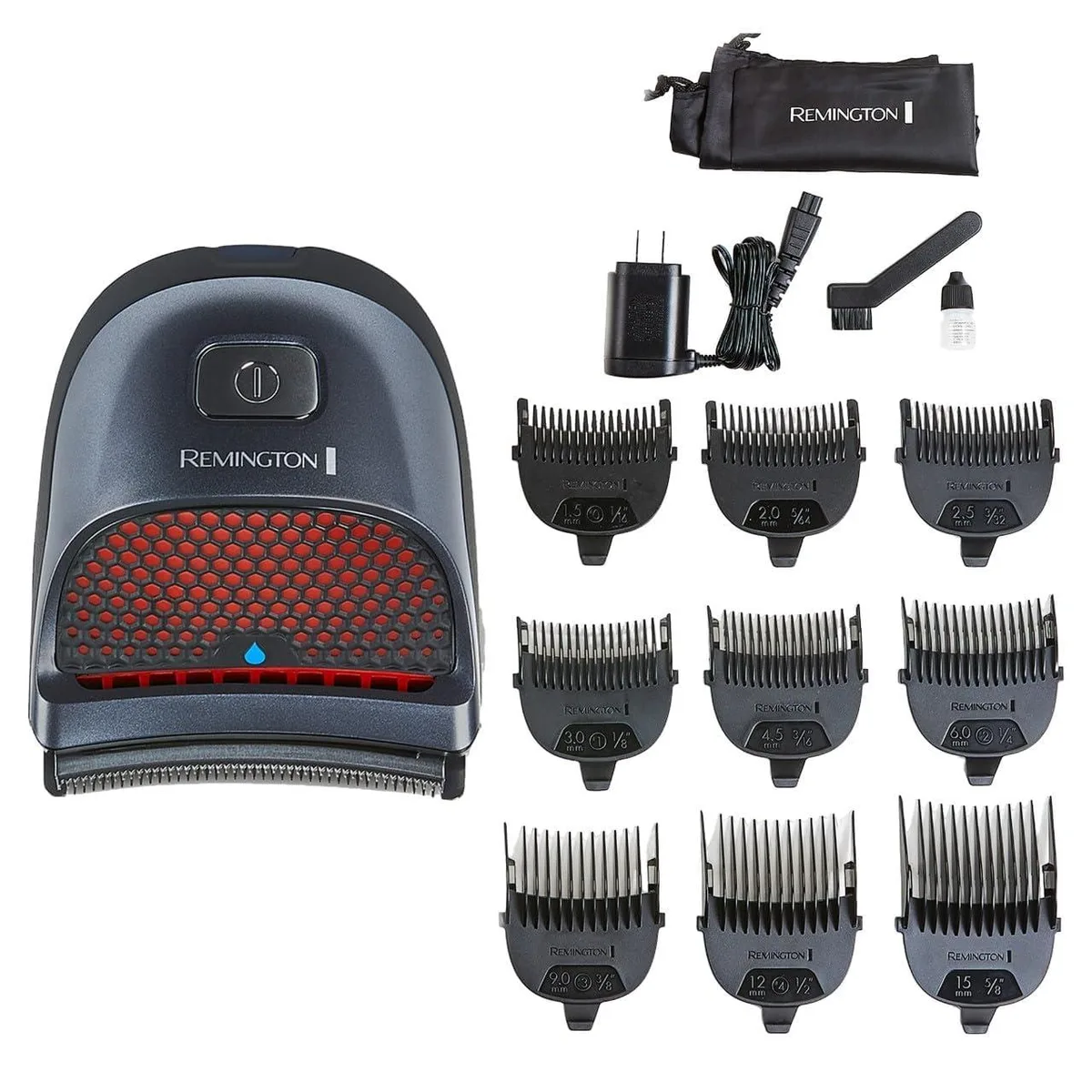 Black cordless hair clipper with curved blade and multiple comb attachments in storage pouch