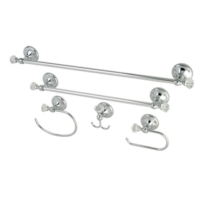 Bathroom accessory set with two towel bars, towel ring, robe hook, toilet paper holder, polished chrome finish