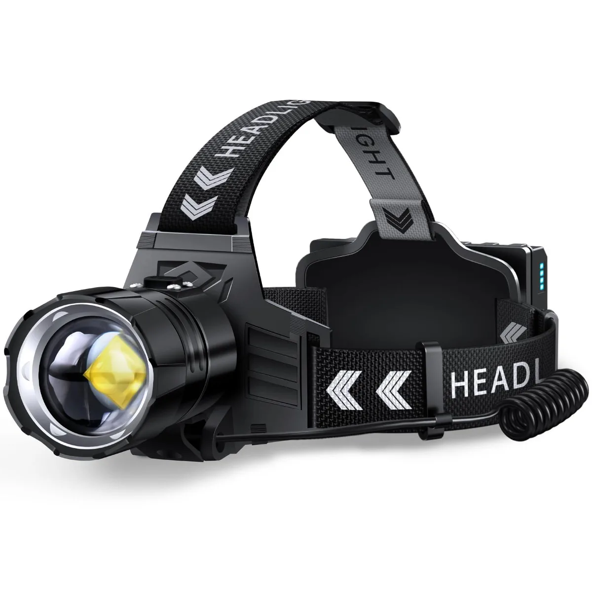 Black headlamp with padded forehead foam, adjustable headband, and USB-C port