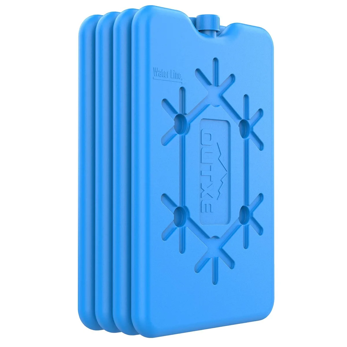 Four thin red silicone ice packs lying flat