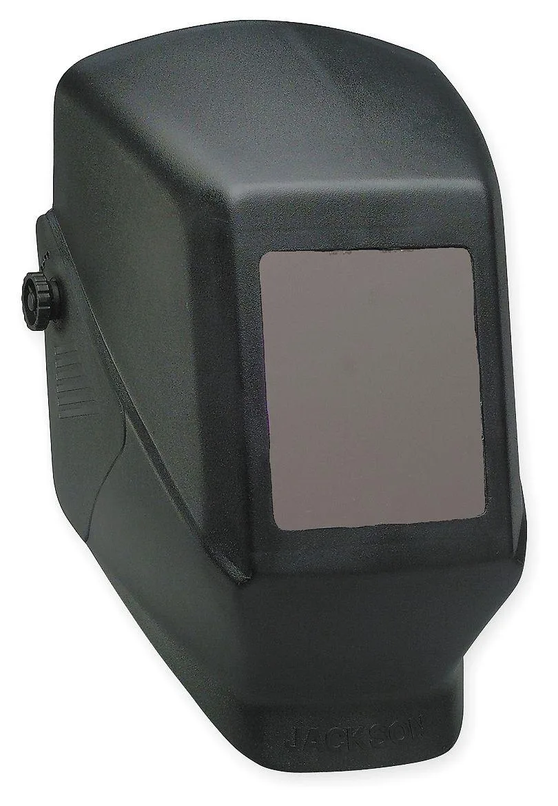 Black polycarbonate welding helmet, narrow shell, extended front, fixed shade 10 filter, ratchet suspension