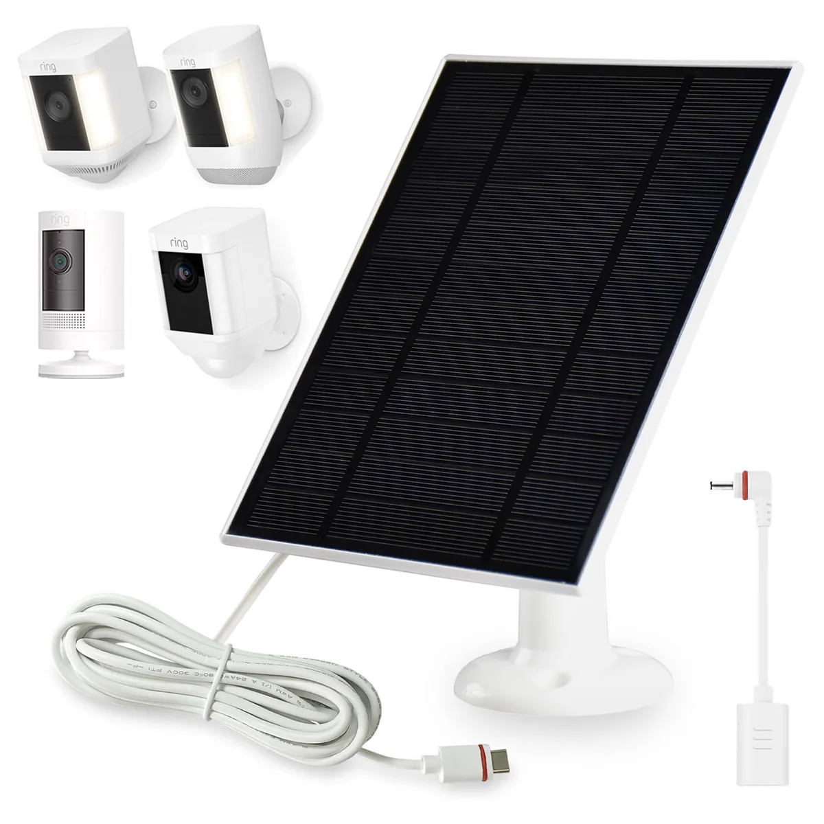 Rectangular black solar panel 7.2 by 5.6 by .59 inches with 360 mount and USB-C adapter