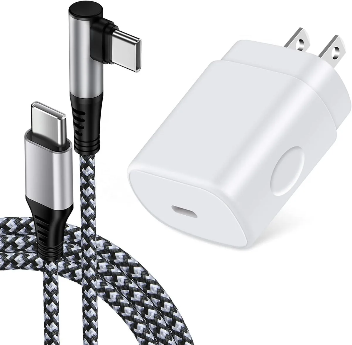 Blue USB-C to USB-C cable, six foot length, right-angle connector