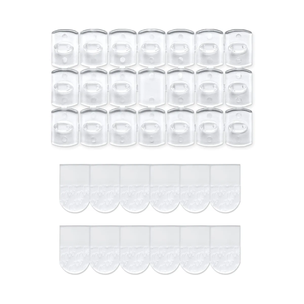 Box containing 100 clear mini clips and 120 adhesive strips