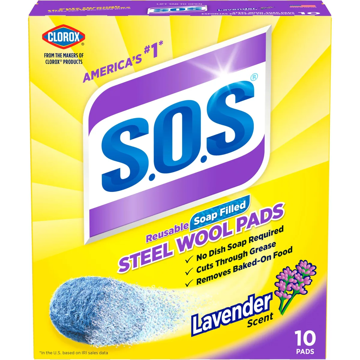 Cardboard box containing ten steel wool soap pads with lavender scent