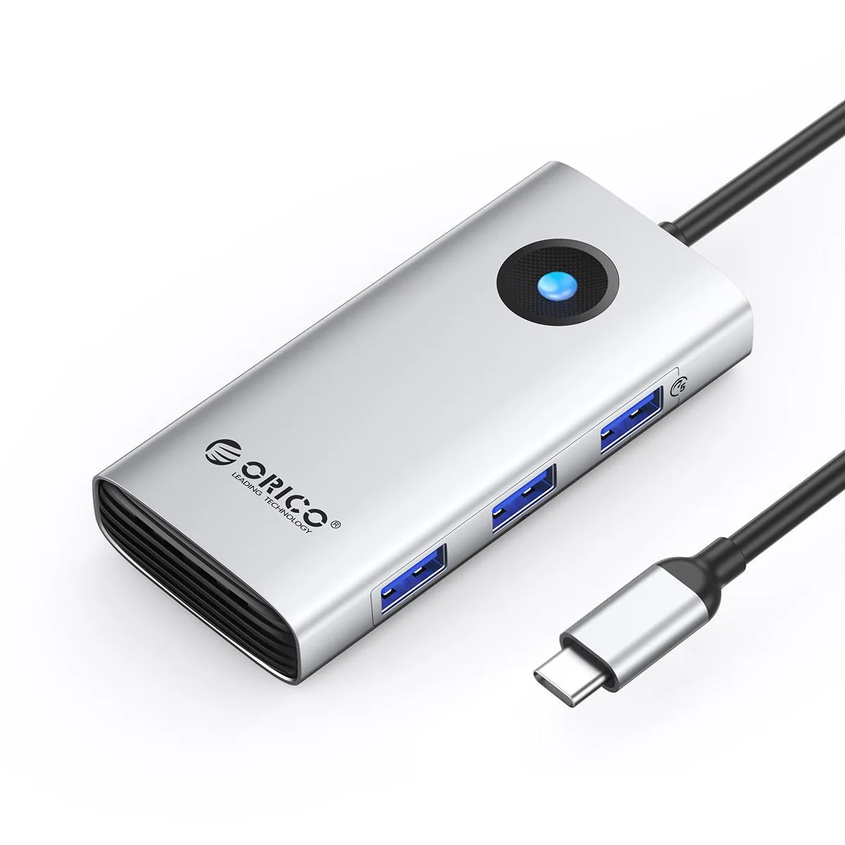 Compact silver USB-C docking station with HDMI, Ethernet, and multiple USB ports