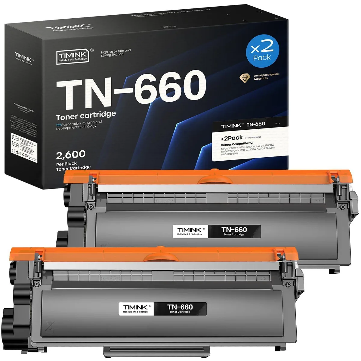 Two black rectangular toner cartridges in a clear plastic bag