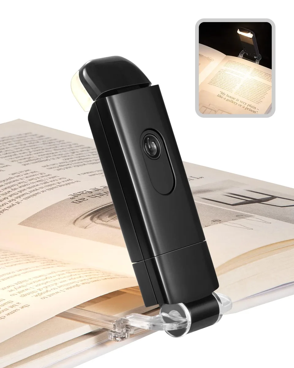 Black clip-on book light with flexible neck and USB plug, folded flat