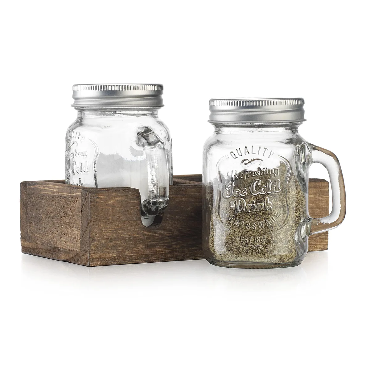 Two glass mason jars with stainless steel lids and handles in a wooden caddy