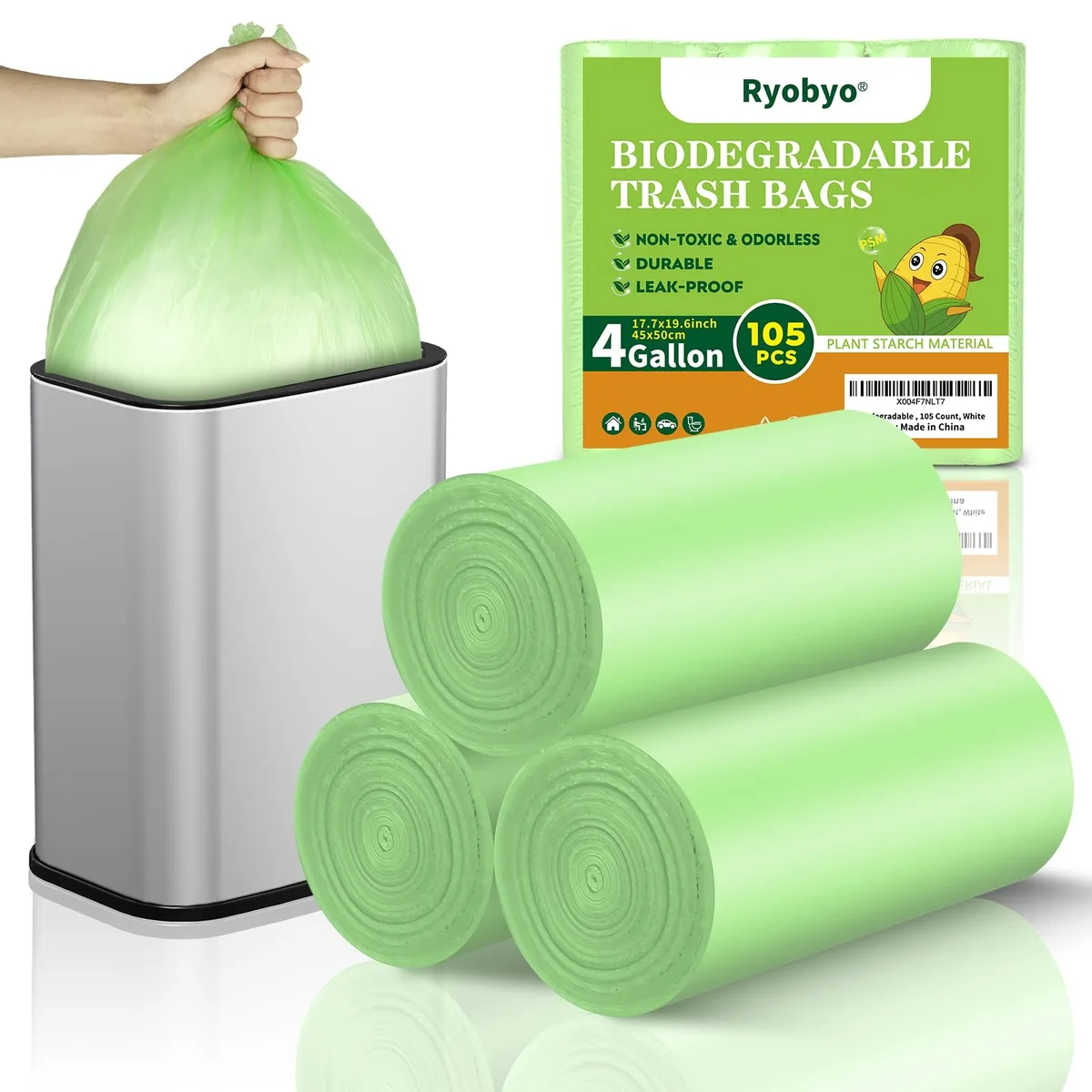 Green biodegradable trash bags roll, 105 count, cornstarch material, 19.7 by 23.6 inches