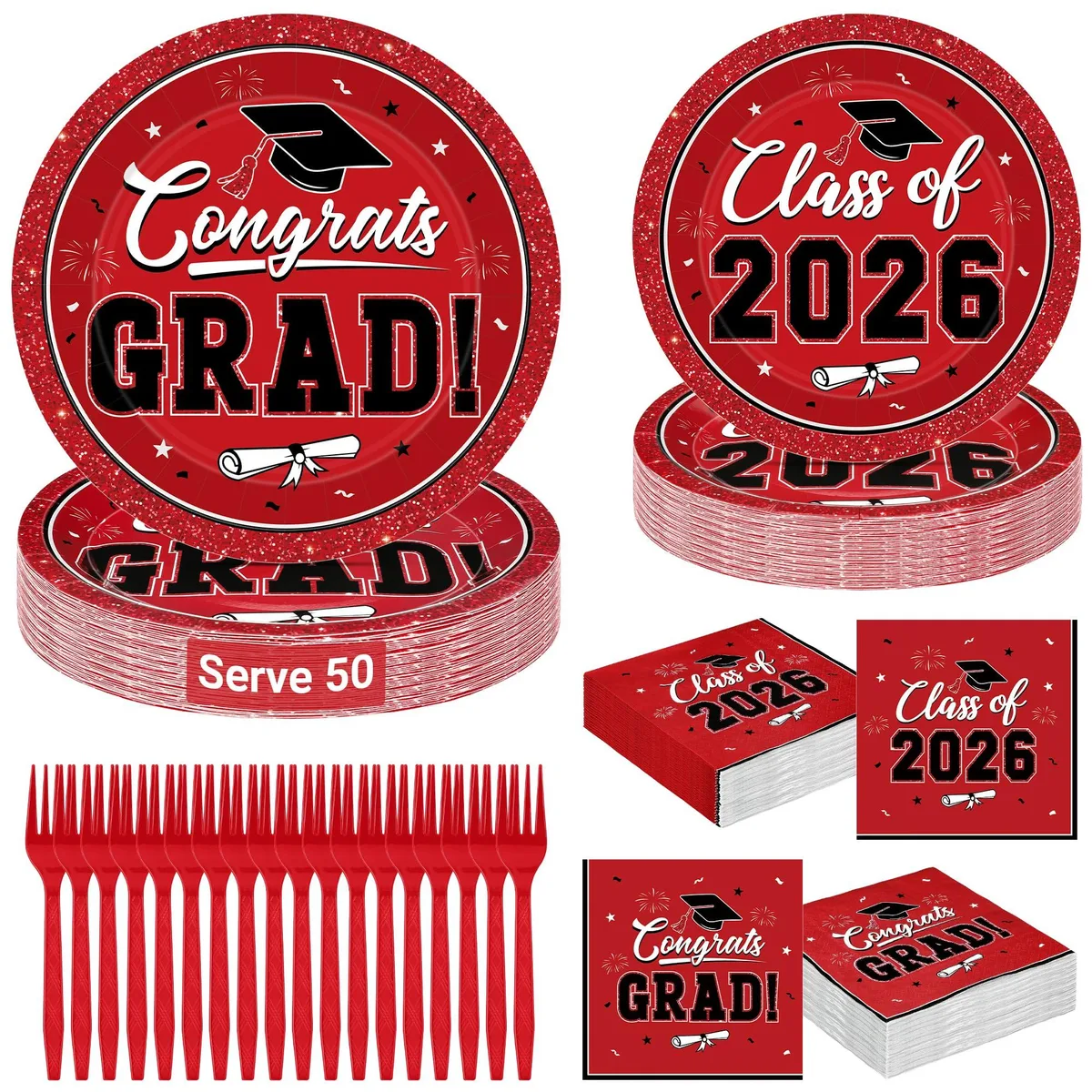 Red 2026 graduation party set with plates, napkins, and forks for 50 guests