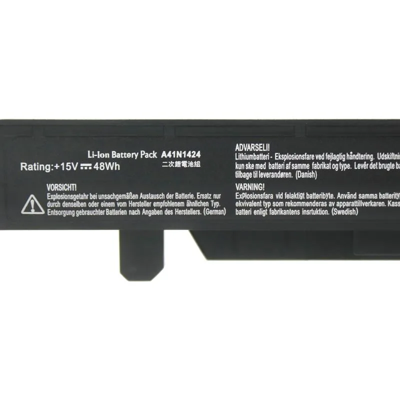 Black rectangular lithium-polymer laptop battery with label showing 48Wh 15V 2600mAh