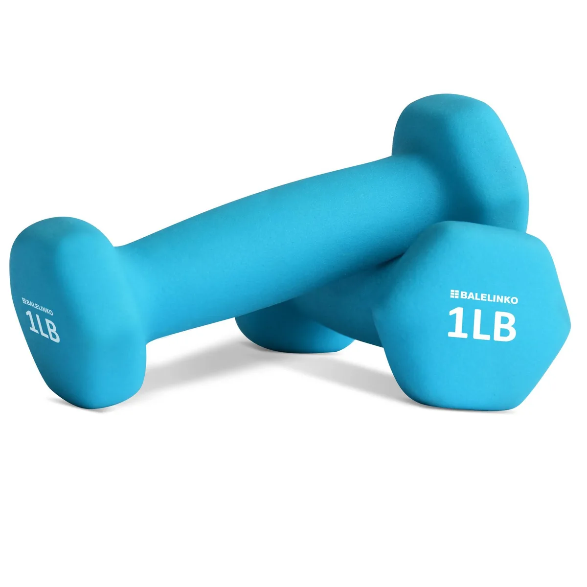 Pair of blue hexagonal neoprene dumbbells with cast iron core