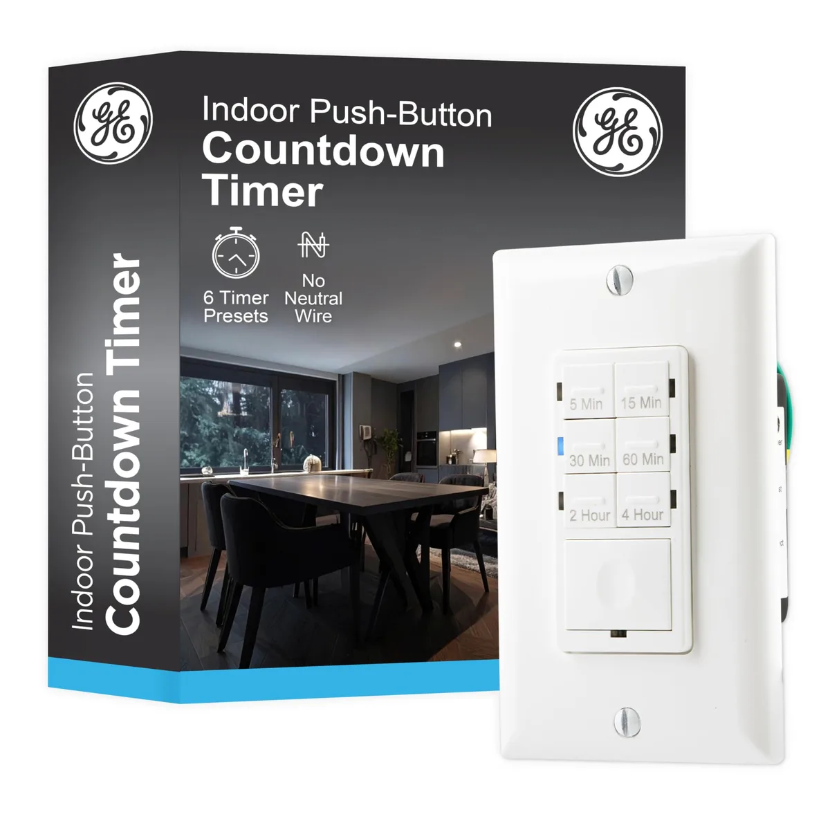 White in-wall digital timer switch with six countdown presets and on/off button