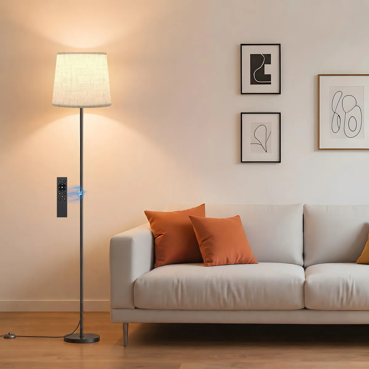 Black metal floor lamp with beige linen shade, 62 inches tall