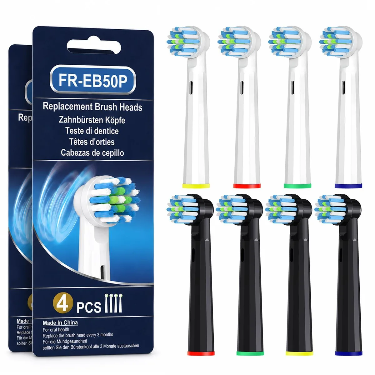Eight black replacement brush heads with color-coded rings in a pack